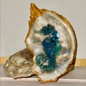 Oyster shell with mosaic glass seahorse
